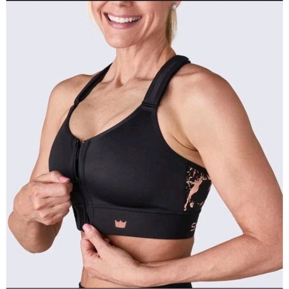 Shefit Small Flex Sports Bra High Impact Zip Front Black Gold Adjustable 110003
